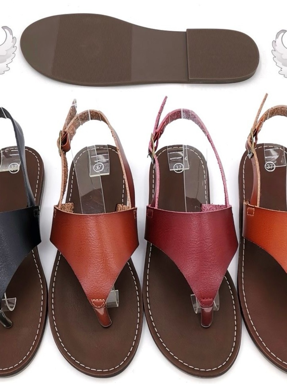 Angel Women's Three-Tone Leather T-Strap Sandals - Black, Brown, Red